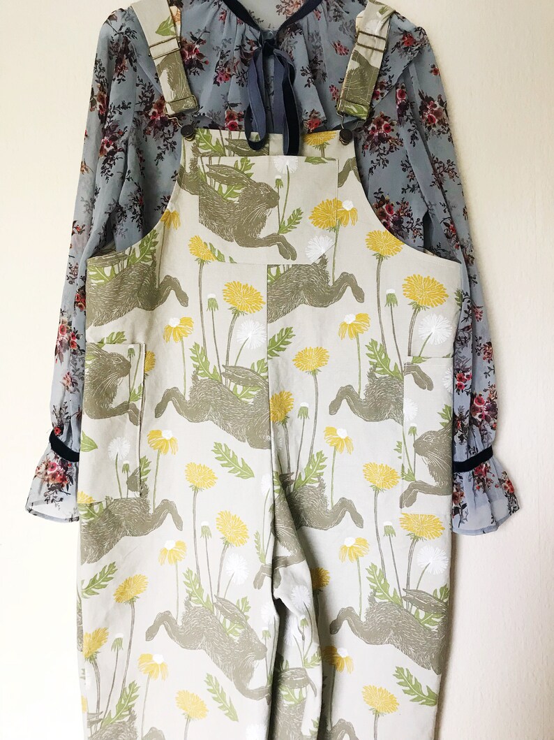 Handmade Cotton Hare Print Dungarees: Relaxed Fit Overalls image 3