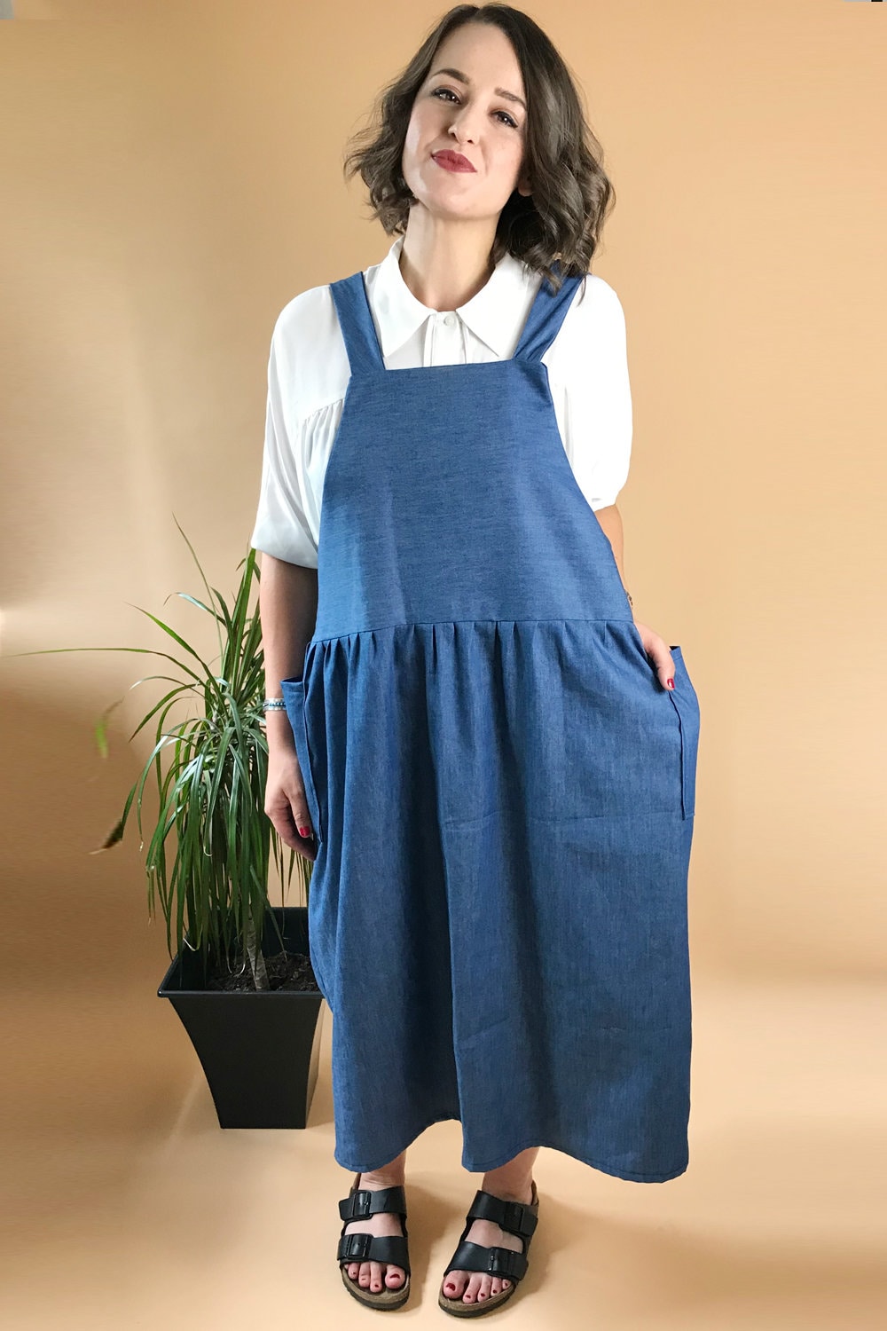 Handmade Womens Denim Chambray Apron Midi Dress Dungarees Pinafore Available in Sizes Uk4-26 Handmade Womens Denim Chambray Apron Midi Dress Dungarees Pinafore Available in Sizes Uk4-26
