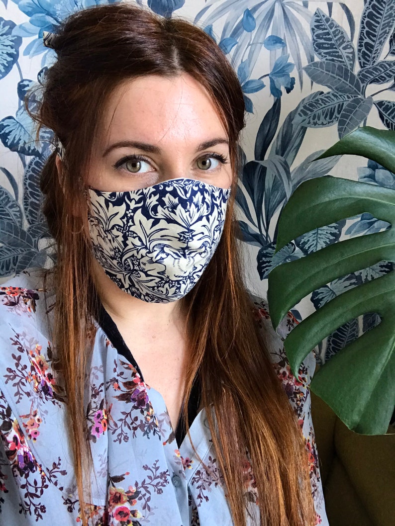 William Morris reusable face mask covering washable recycled fabric cotton tie back strawberry thief golden lily willow bough trellis image 9