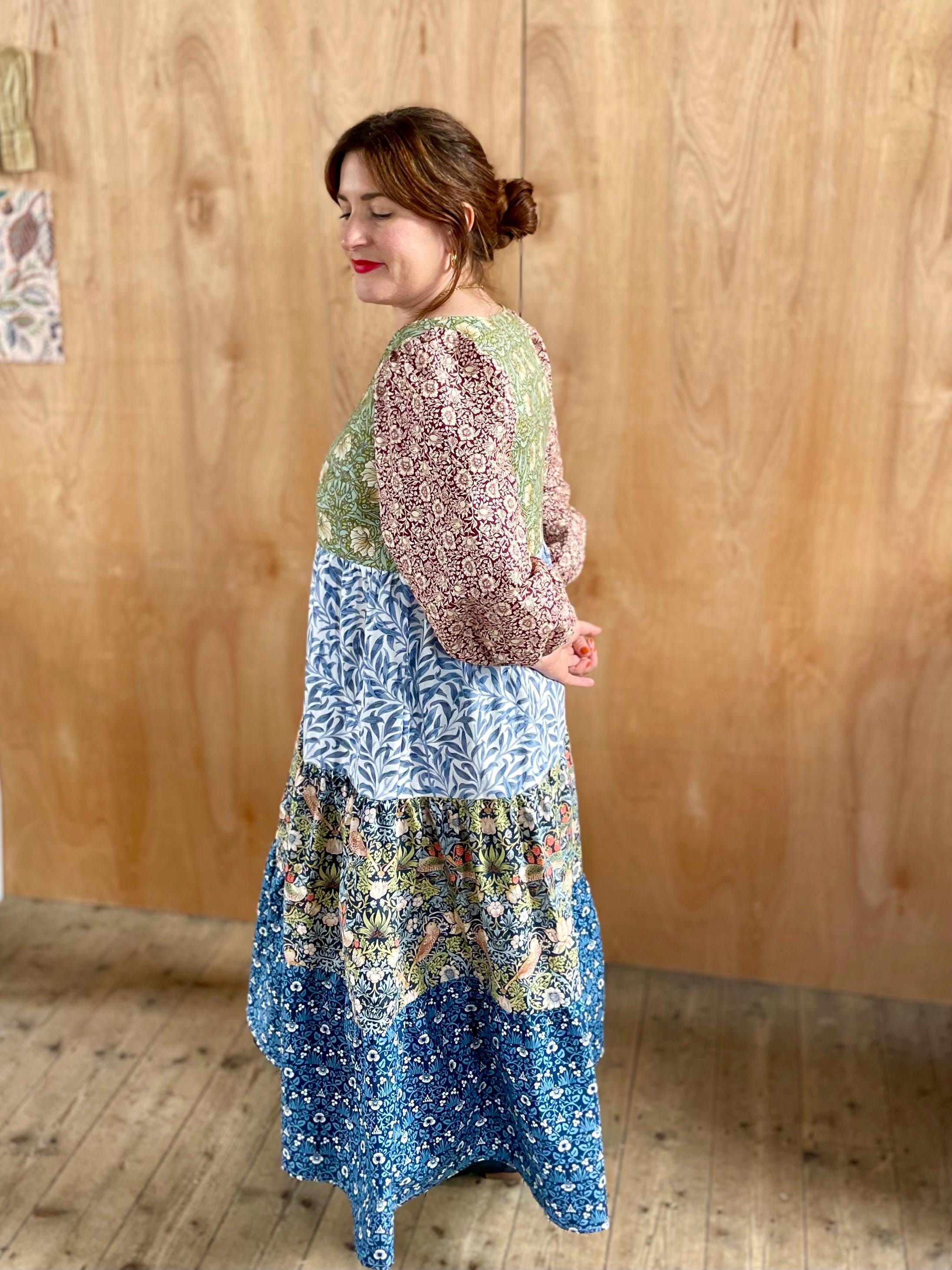 ■MORI MORIS(モリモリス)Belted wool check dress Handmade William Morris Mash up Pieces Maxi Dress With