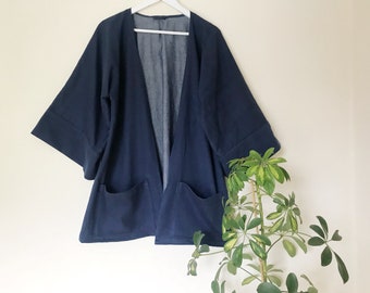 Organic navy denim cotton cover jacket japanese inspired simple outawear throw on coat