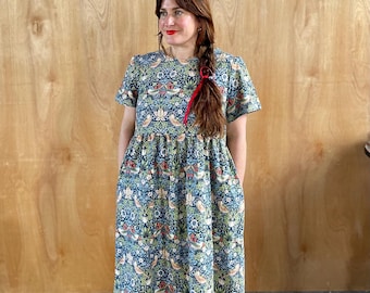 Handmade William Morris Strawberry Thief Smock dress with pockets red or blue mini or midi lengths