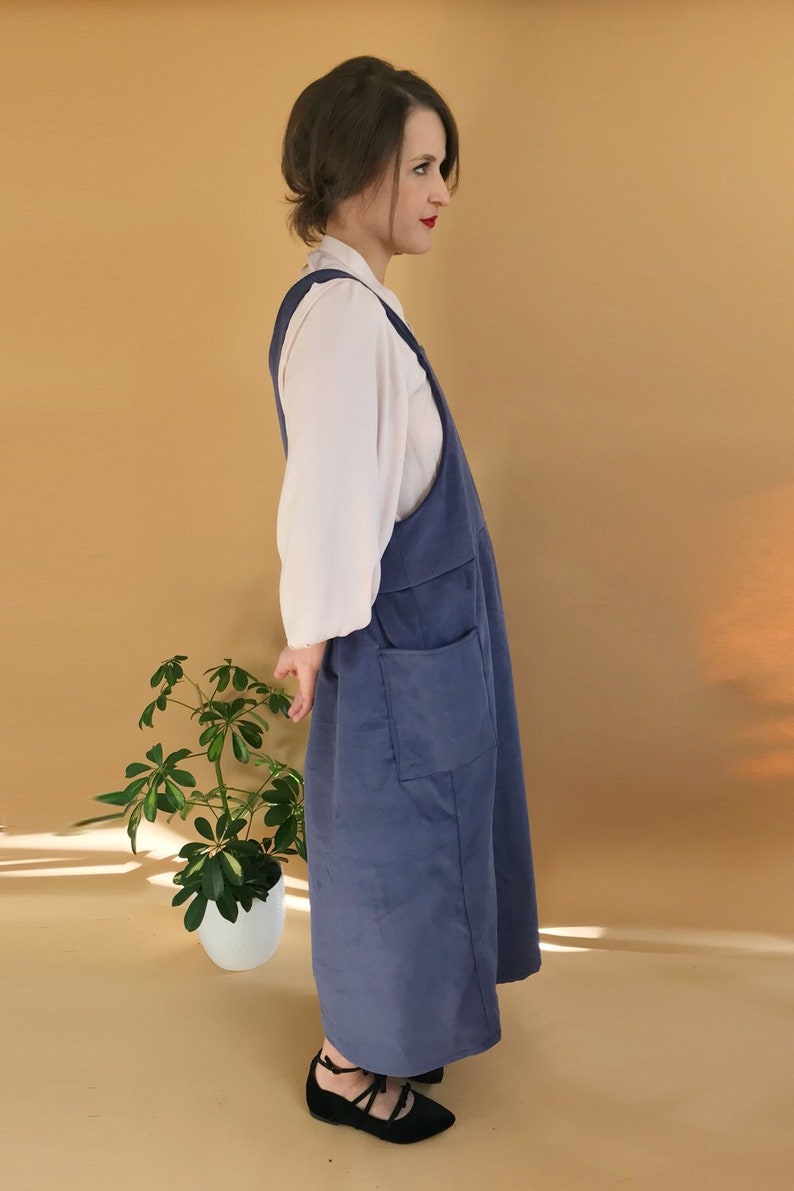 Handmade corduroy midi smock dress with deep side pockets apron pinafore style image 5