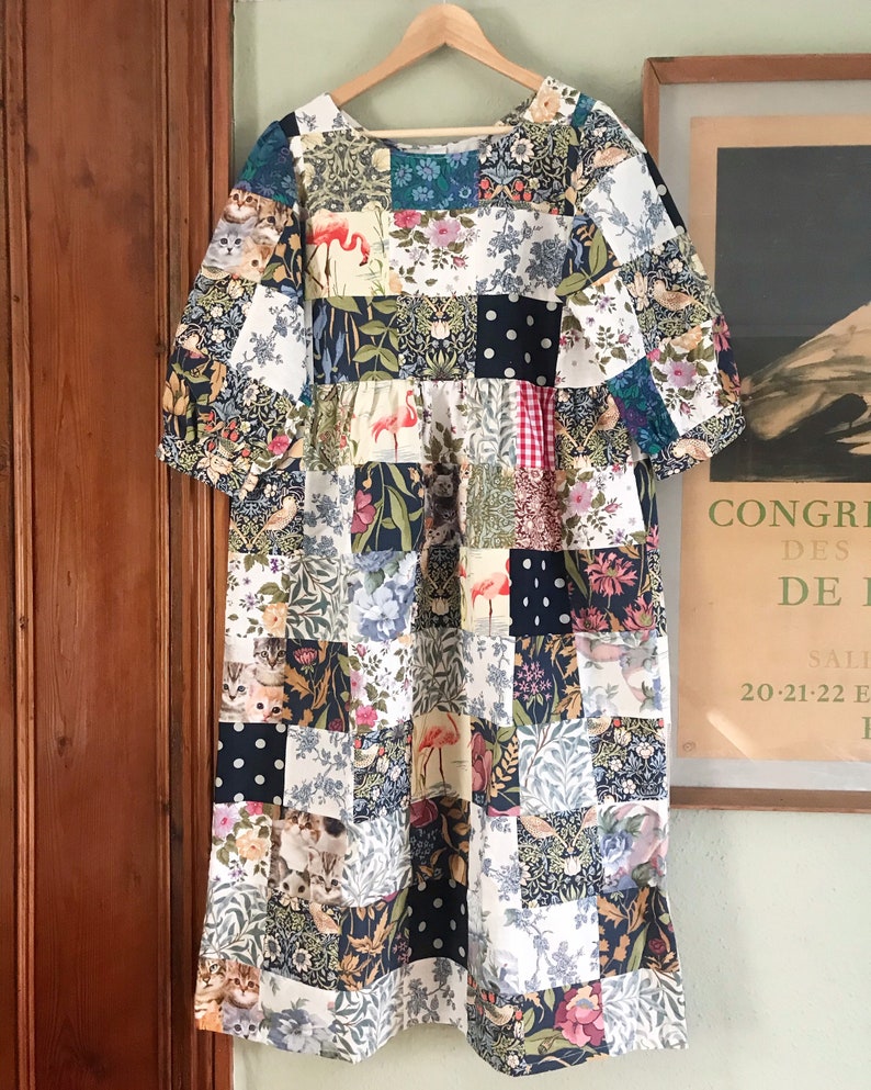 Handmade midi patchwork ladies smock dress with pockets & 3/4 | Etsy