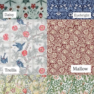 May include: A collage of five different floral patterns, each with a unique name: Daisy, Eyebright, Trellis, Mallow, Golden Lily, and Sweet Briar. The patterns are all in a vintage style and feature a variety of colors, including red, blue, green, and yellow.
