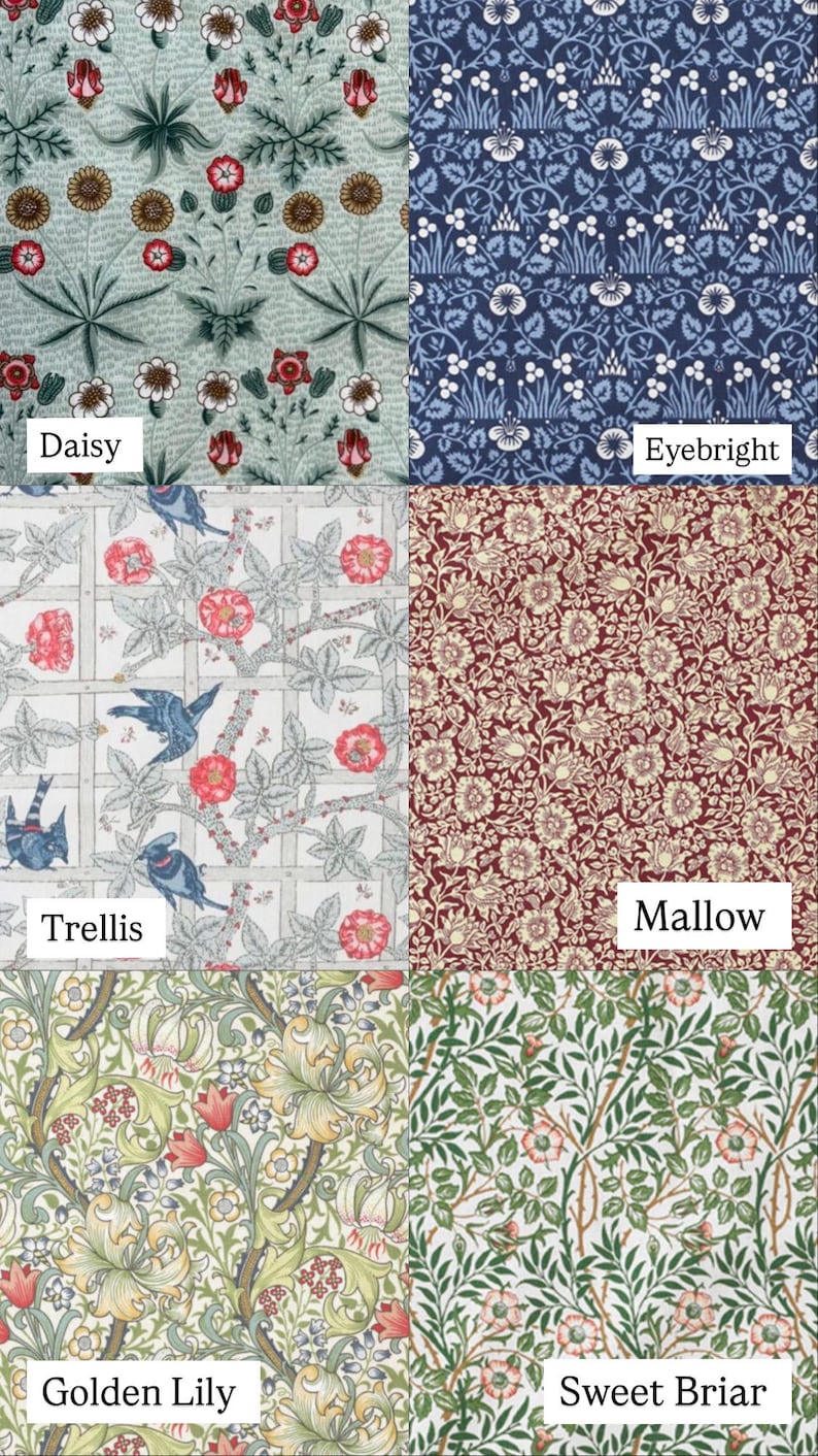May include: A collage of five different floral patterns, each with a unique name: Daisy, Eyebright, Trellis, Mallow, Golden Lily, and Sweet Briar. The patterns are all in a vintage style and feature a variety of colors, including red, blue, green, and yellow.