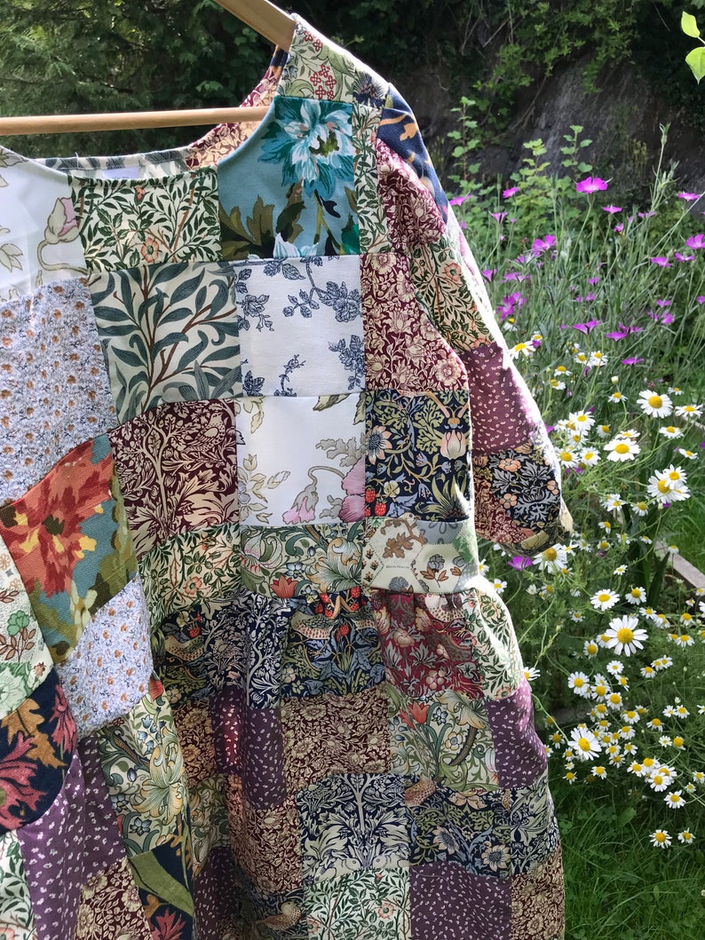 Handmade midi heirloom patchwork ladies smock dress pockets with william Morris and vintage floral fabric recycled quilted image 8