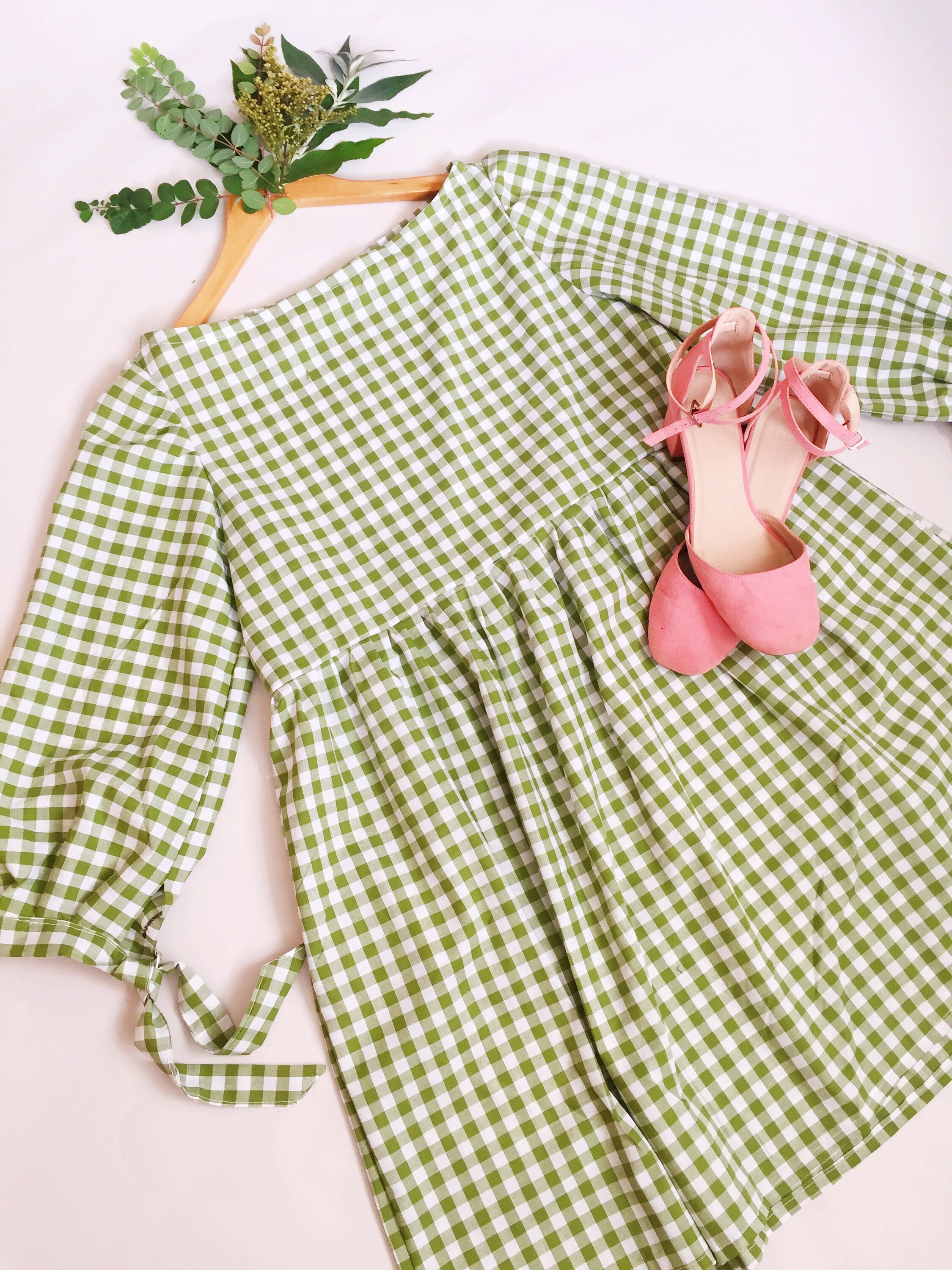 Handmade cotton gingham tie sleeve smock dress with pockets Sun dress summer mini or midi