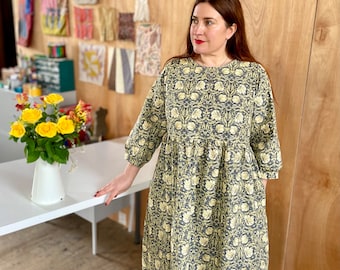 Handmade Pimpernel William Morris Midi Smock Dress Pockets puffy sleeves UK4-26