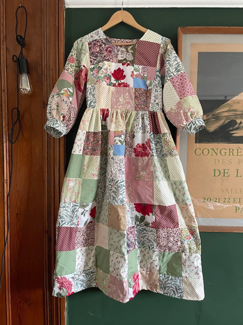 Handmade midi heirloom patchwork ladies smock dress pockets with william Morris and vintage floral fabric recycled quilted image 2