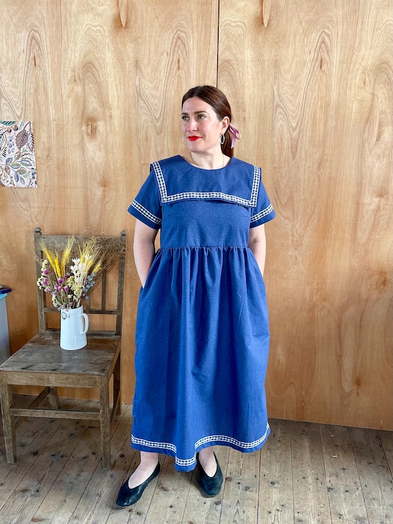sailor midi dress Handmade Sailor Midi Dress: Gingham Collar, Navy Cotton, Made in Wales
