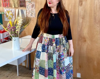 Women’s handmade patchwork midi skirt Liberty Morris vintage floral fabrics quilted boho