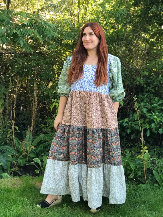 Handmade William Morris Mash up Pieces Maxi Dress With Pockets