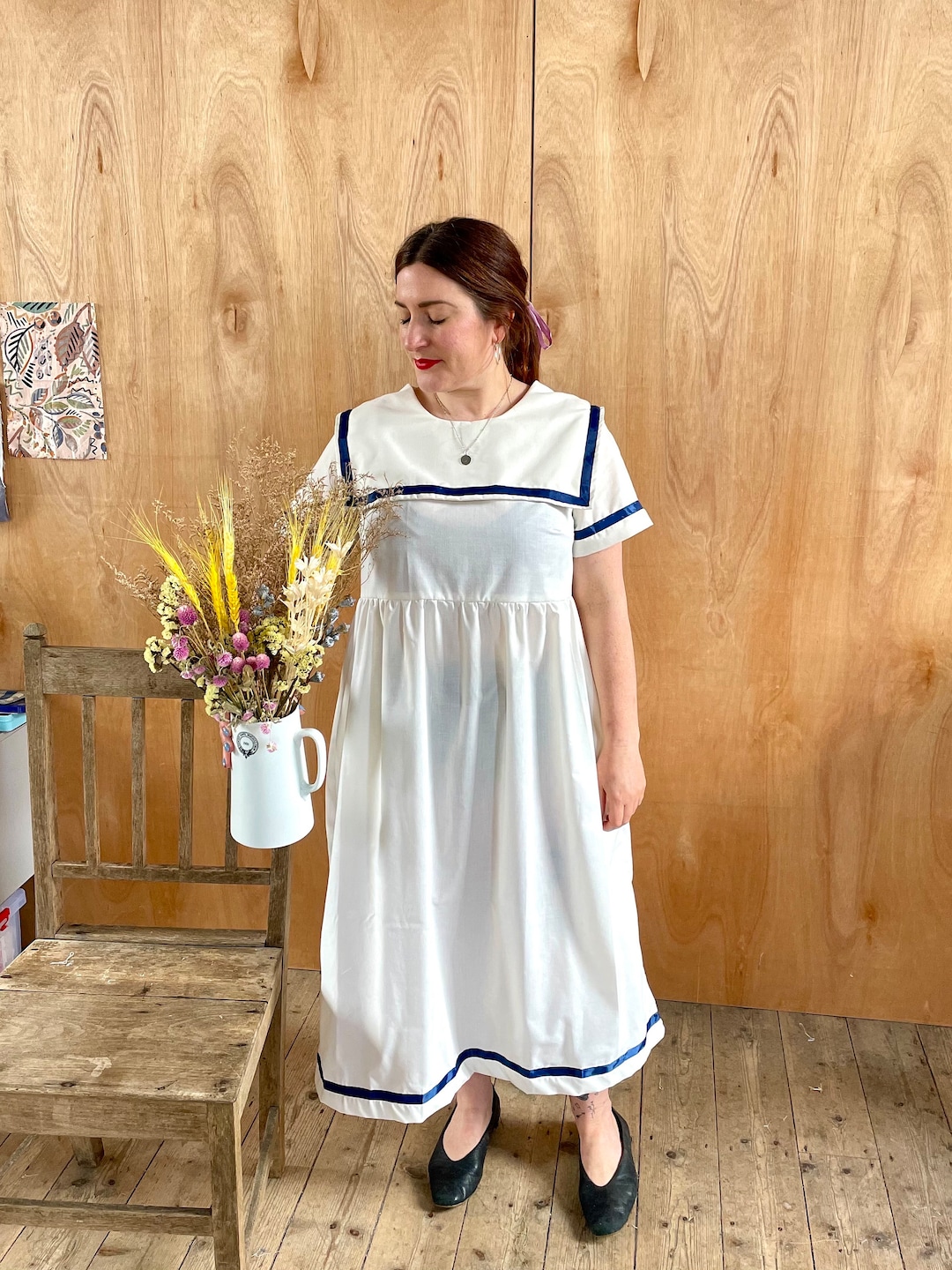 Handmade Sailor Midi Dress: White Cotton Nautical Cottagecore - Etsy