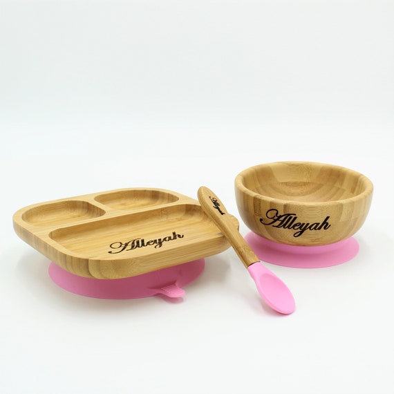 Personalised Bamboo Plate Bowl and Spoon Set Pink Etsy UK