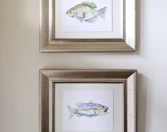 Original Watercolor Fish Art Prints | Digital Download 8x10 | Largemouth Bass and Crappie | Wall Art| Set of 2, Blues and Greens