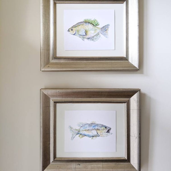 Original Watercolor Fish Art Prints | Bass and Crappie | Wall Art| Set of 2 Fishing, Gift for Fisherman, Lake House Decor, Lake Lover