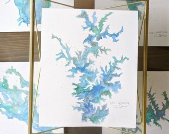 Custom Lake Map Painting, Lake House wall Art, Handpainted Watercolor Fine Art, Gradient Style