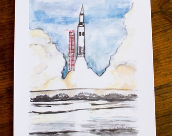 Huntsville Art Print Watercolor Space Art NASA Space Coast Apollo 11 Saturn V Rocket 8x10