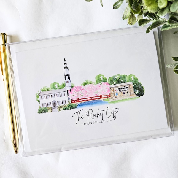 Huntsville Alabama Landmark Rocket City Folded Notecards, Historic, Tourism watercolor original artwork, hand painted, printed USA