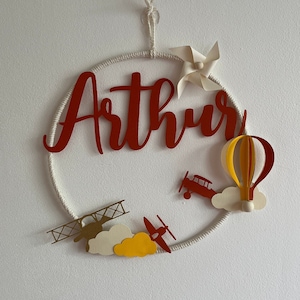 Decorazione murale - corona - Aereo nuvola - mongolfiera - regalo nascita - personalizzato - nome - ragazzo - Terracotta