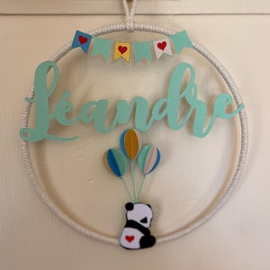Couronne - décoration bébé garçon - personnalisé - prénom - idée naissance - panda - vert d'eau - idée cadeau baptême - nöel - prénom porte