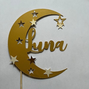 Cake topper a forma di luna con il nome che preferisci. Decorazione torta luna, stella, astronauta in ORO. Decorazione di compleanno