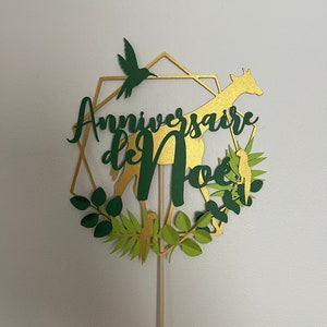 Topper per torta di compleanno - Decorazione torta - natura - giraffa - giungla - foglie - nome - personalizzato - ORO