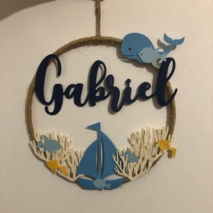Decoración de pared - corona - marinero - mar - pez - ballena - personalizado - nombre - niño