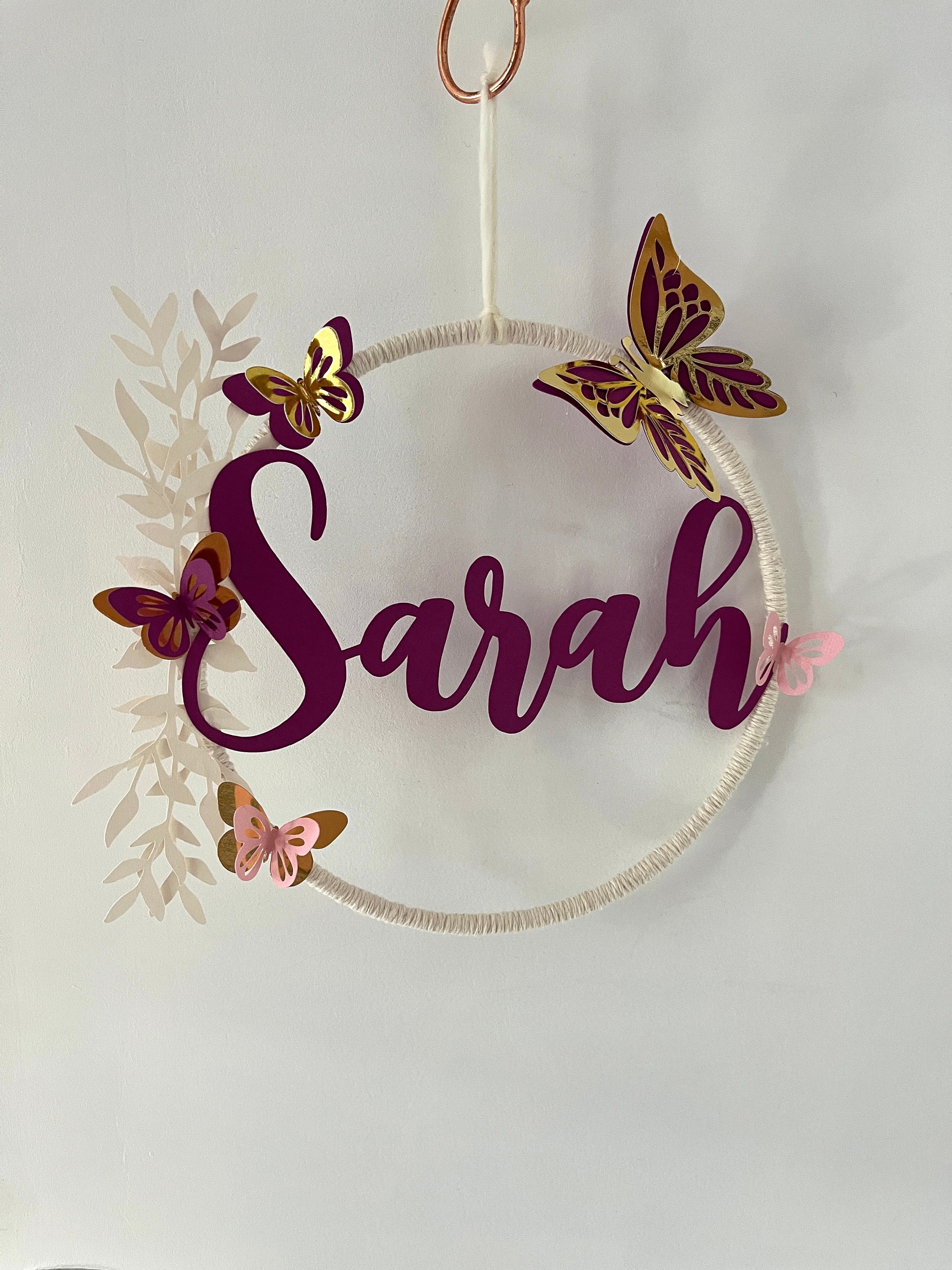 Décoration Murale - Couronne Prénom Personnalisé Papillon Décoration Chambre Fille- Violet