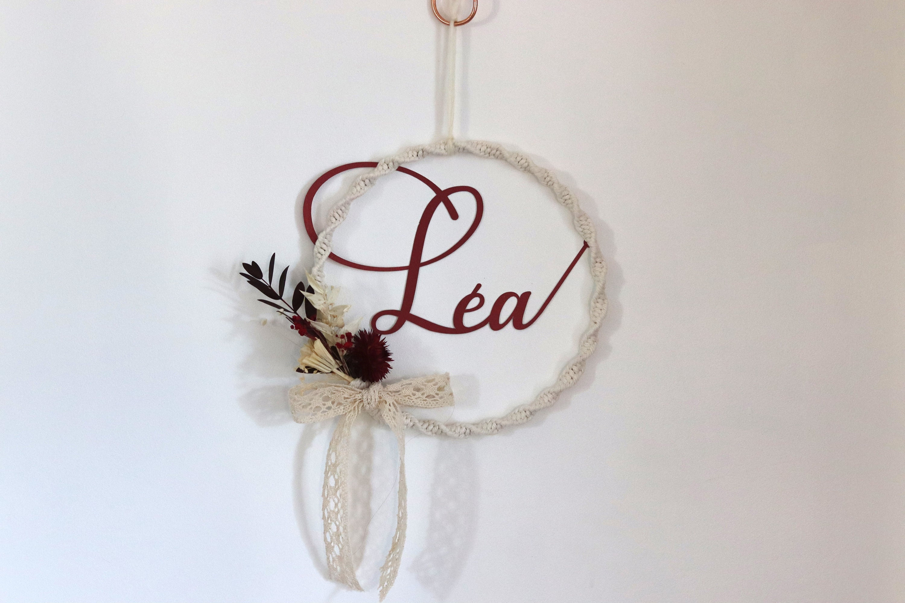 Couronne Macramé Fleurs Séchées Personnalisé- - Décoration Murale Chambre- Prénom- Bordeaux Naissanc