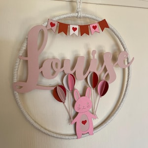 Corona - decoración de niña - personalizada - nombre - idea de nacimiento - conejo - rosa - idea de regalo de bautismo - Navidad - puerta de nombre