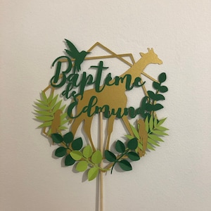 Cake topper battesimo - Decorazione torta - natura - giraffa - giungla - foglie - nome - personalizzato - ORO