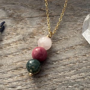 heart chakra necklace- moss agate, rhodonite, & rose quartz