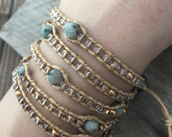 kiwi stone wrap bracelet//Czech glass 5X wrap bracelet//14k gold brushed wrap bracelet//gemstone wrap bracelet//sparkly bracelet