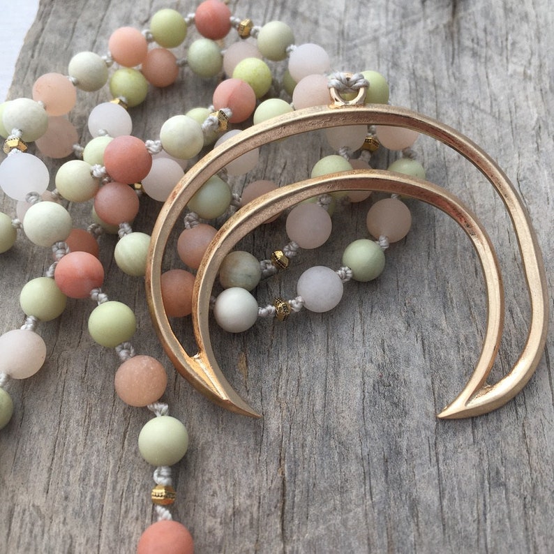 pink aventurine Australian butter jasper /& gold crescent moon knotted necklace