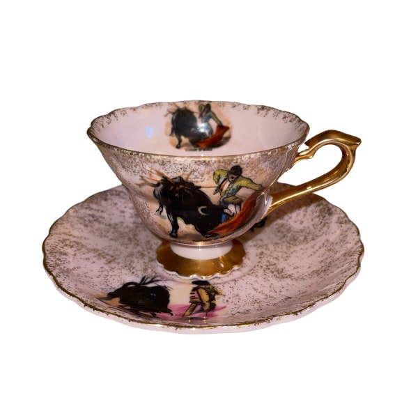 Vintage Tea Cup and Saucer Souvenir of Mexico Matador Bull Scalloped Pink Gold