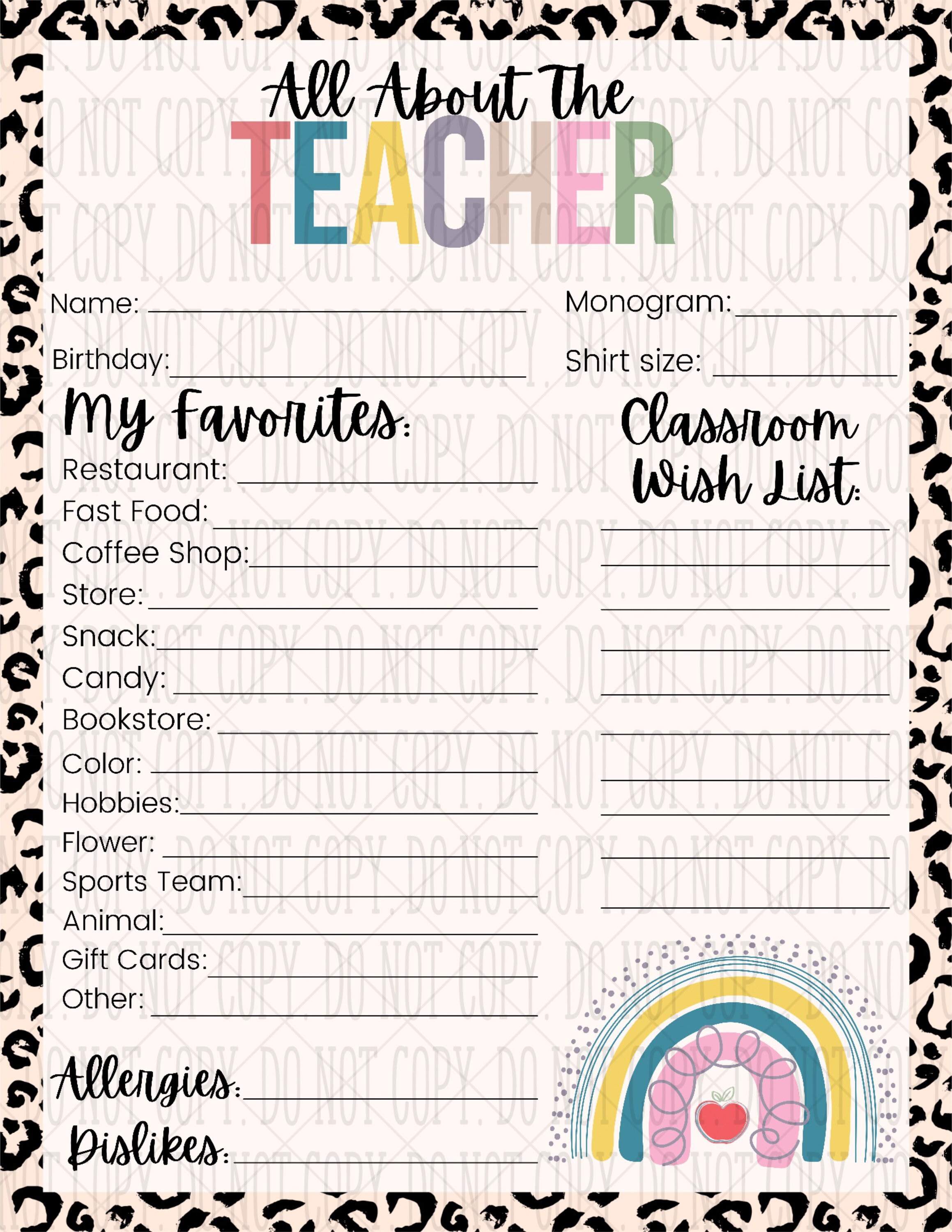 DIGITAL DOWNLOAD-All About The Teacher Questionnaire/ Back to - Etsy España