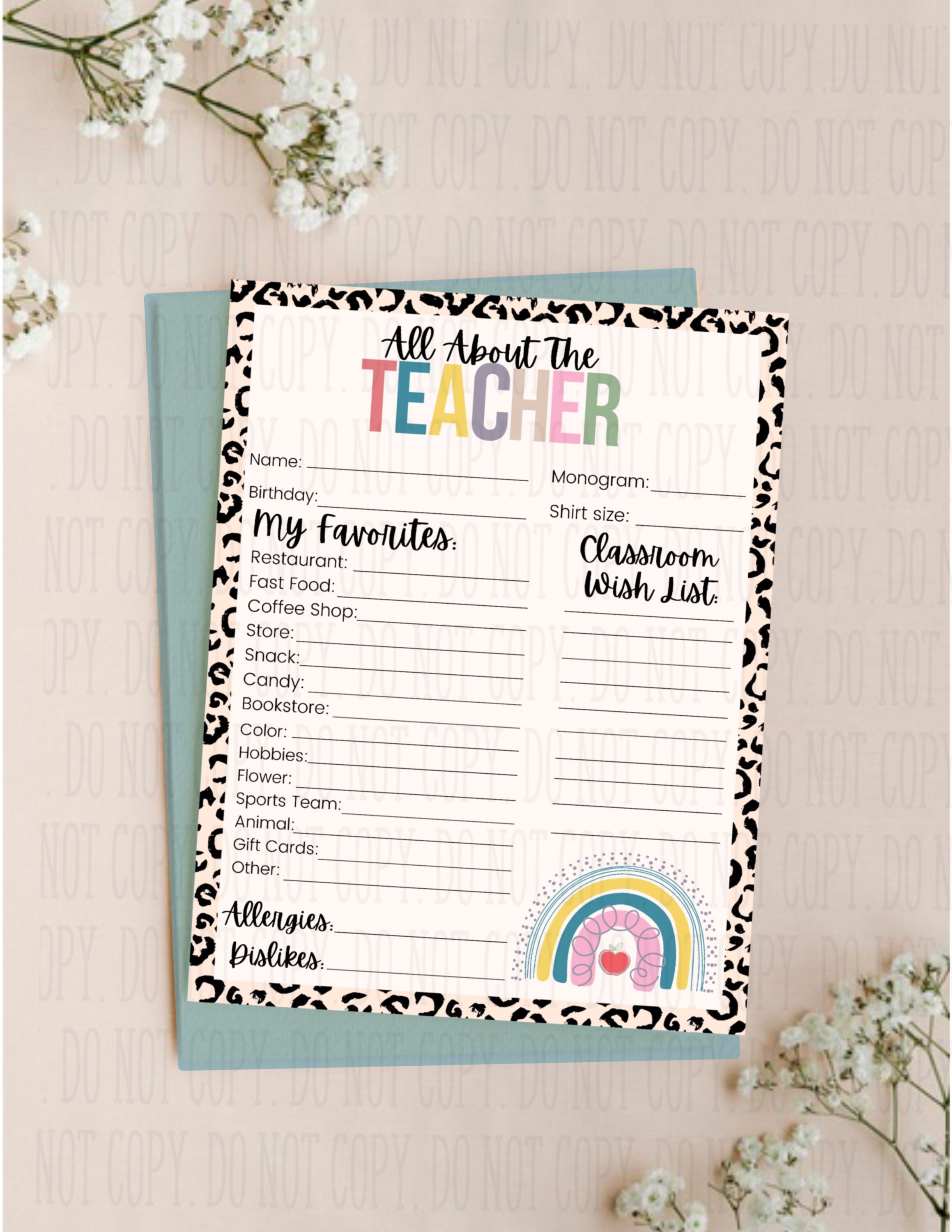 DIGITAL DOWNLOAD-All About The Teacher Questionnaire/ Back to School/…