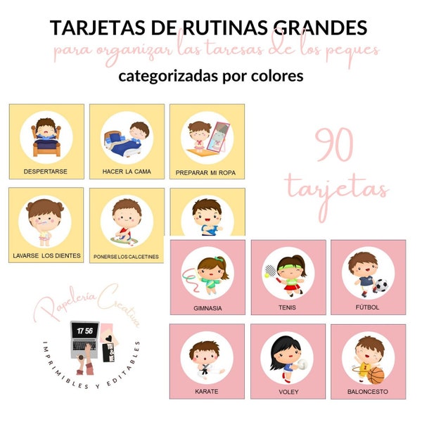 90 tarjetas de Rutinas Grandes, para Niños, PDF descarga directa, Imprimible, educación, Imprimible Educativo, descarga digital