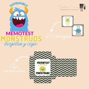 MEMOTEST juego en PDF para imprimir con licencia comercial temática monstruos..Descarga inmediata.