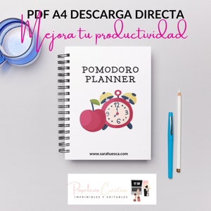 Può includere: Un planner stampabile bianco con una mela rossa e una sveglia rossa con il testo "POMODORO PLANNER" e l'indirizzo del sito web "www.sarahuesca.com".