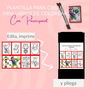 Modelo editável para criar mini livros para colorir com o exemplo de Super Mario Bros.