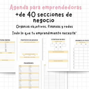 Puede incluir: Una agenda con el texto "Agenda para emprendedoras +de 40 secciones de negocio" en rosa y negro. La agenda incluye secciones para organizar objetivos, finanzas y redes sociales. Tiene varias páginas con indicaciones y espacios para notas.