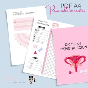 Könnte beinhalten: Ein druckbares PDF-Tagebuch für Jugendliche, um ihren Menstruationszyklus zu verfolgen. Der Umschlag zeigt eine rosa Gebärmutter mit einem lächelnden Gesicht und dem Text "Diario de MENSTRUACIÓN". Die Innenseiten enthalten Abschnitte zur Verfolgung von Symptomen, Stimmung und Fluss.