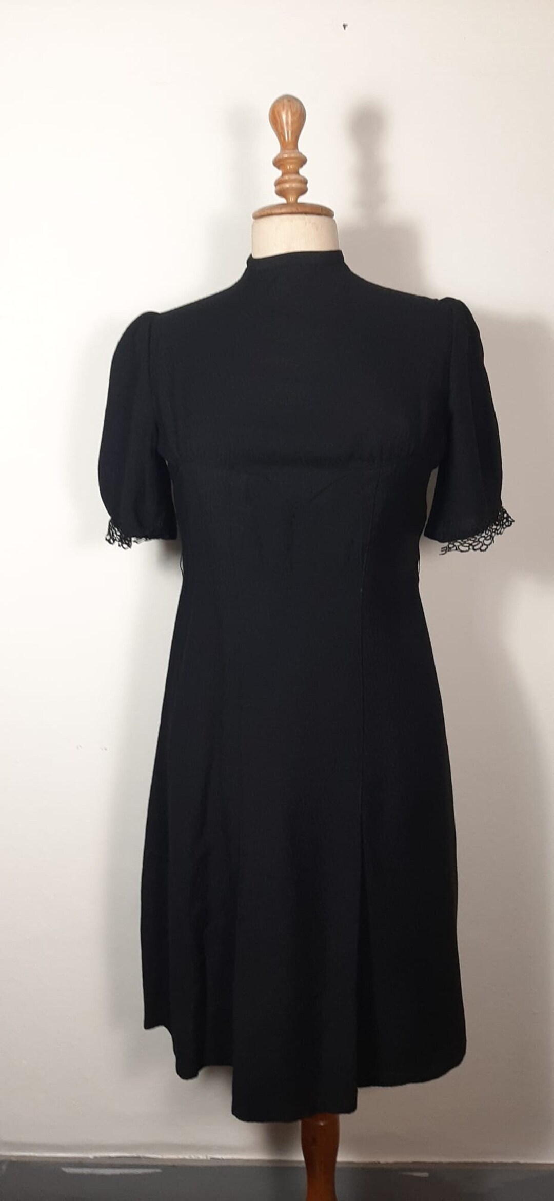 30s Wool Black Dress With Lace and Covered Buttons Size L Etsy