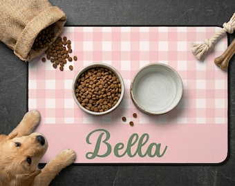 Personalised Gingham Dog Mat with Name, Cute Checkered Pet Feeding Mat, Custom Dog Bowl Placemat, Modern Puppy Gift