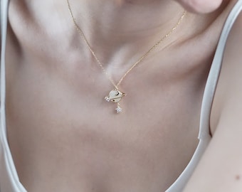 Gold Saturn Necklace with Star, 925 Sterling Saturn mother of pearl charm, Dainty Planet Necklace, Statement Necklace, Birthday gift for her