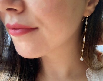 14K Gold Filled, Fresh Water Pearl, Long Dangling mismatch Earrings, Bridesmaid Pearl Earrings, Gift for Girlfriend