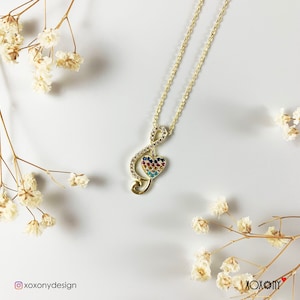 14K Gold Plated Musical Note Necklace with Heart available in Sterling silver Micro Pave Cubic Zirconia music note gift for her